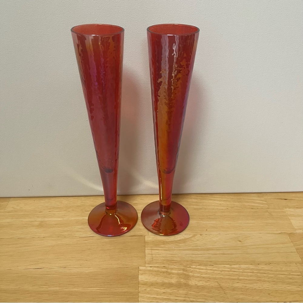 Set of Two Red Iridescent Glass Tall Champagne Flutes 10”